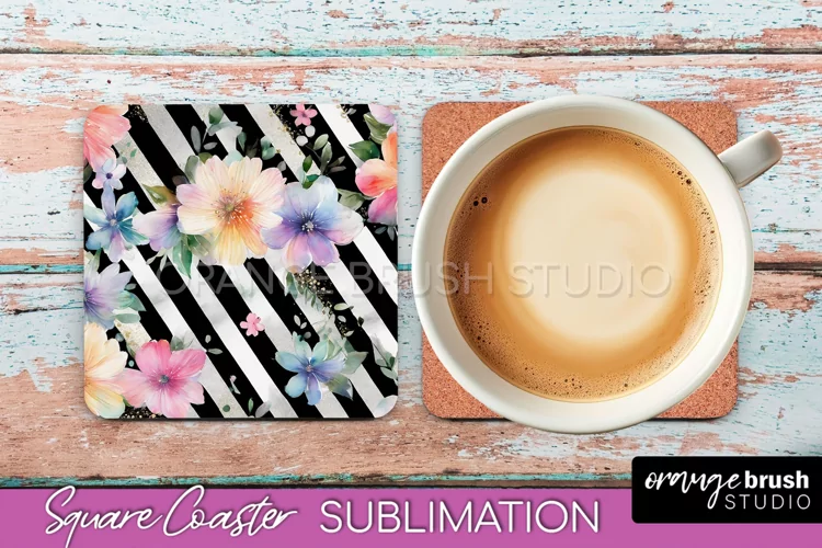 Watercolor Flowers Square Coaster - Floral Pink Sublimation