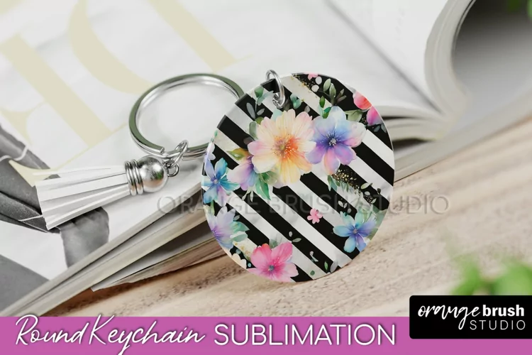 Pink Flowers Keychain, Floral Keychain Sublimation Design