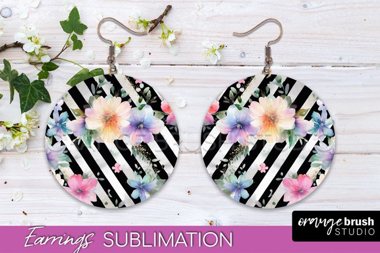 Watercolor Flowers Earrings, Pink Floral Earring Sublimation example image 1