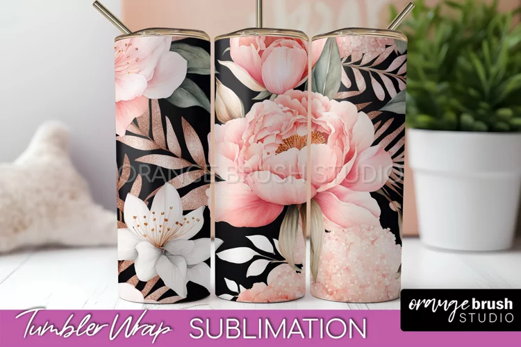 Floral Tumbler Wrap - Pink Flowers Watercolor Tumbler PNG