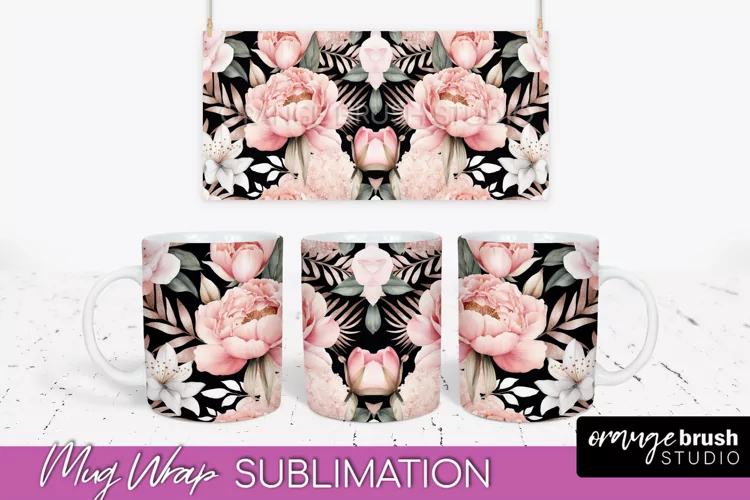 Pink Watercolor Flowers Mug Wrap - Floral Mug Sublimation