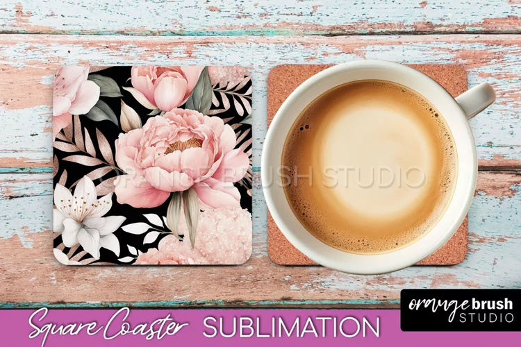 Watercolor Flowers Square Coaster - Floral Pink Sublimation