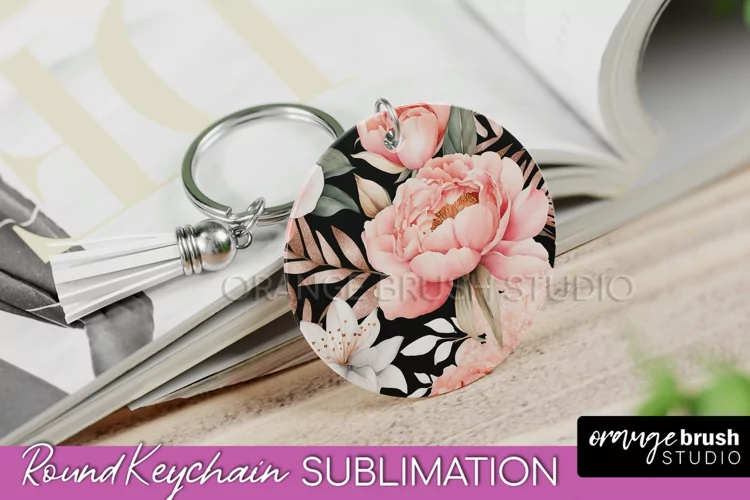 Pink Flowers Keychain, Floral Keychain Sublimation Design