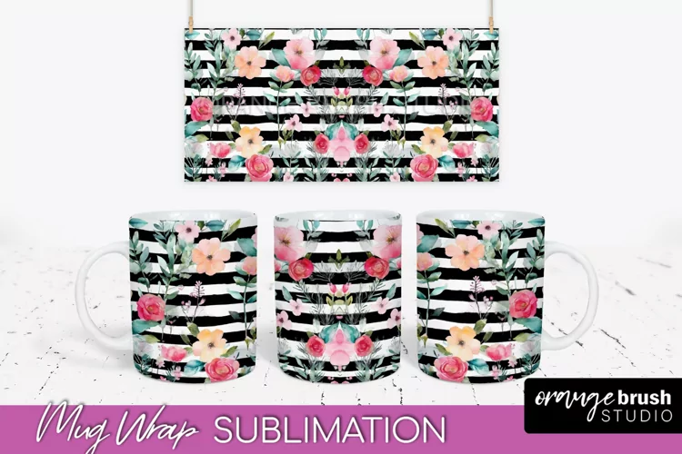 Pink Watercolor Flowers Mug Wrap - Floral Mug Sublimation