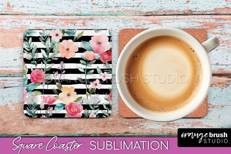 Watercolor Flowers Square Coaster - Floral Pink Sublimation