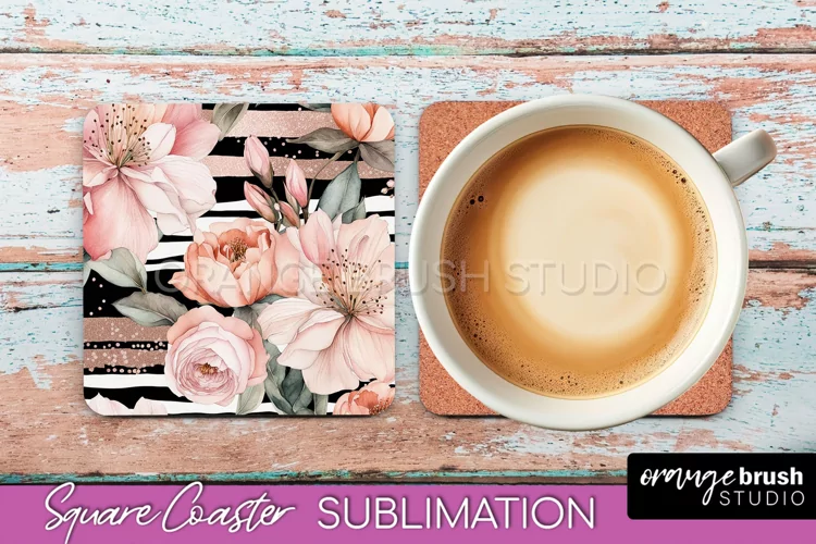 Watercolor Flowers Square Coaster - Floral Pink Sublimation