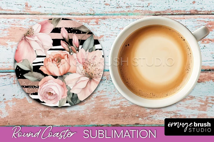 Watercolor Flowers Round Coaster - Floral Pink Sublimation
