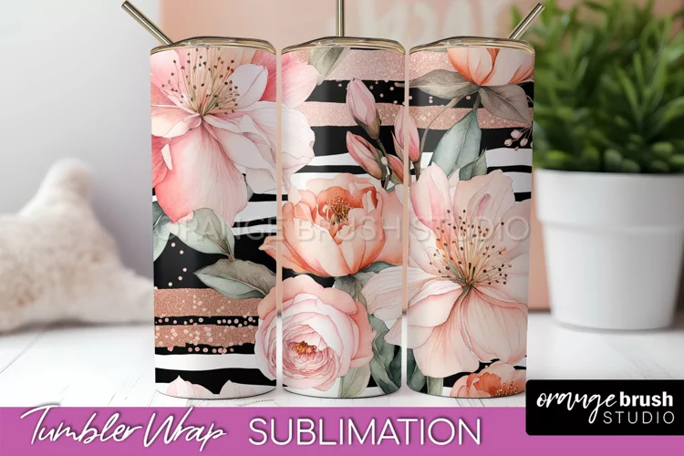 Floral Tumbler Wrap - Pink Flowers Watercolor Tumbler PNG