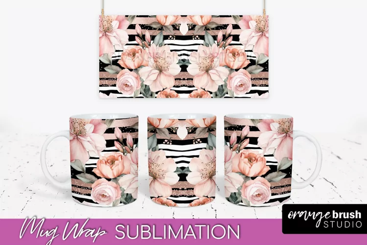 Pink Watercolor Flowers Mug Wrap - Floral Mug Sublimation