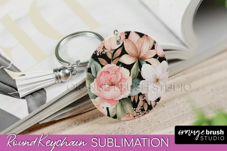 Pink Flowers Keychain, Floral Keychain Sublimation Design