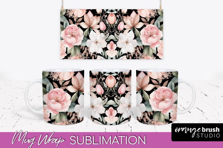 Pink Watercolor Flowers Mug Wrap - Floral Mug Sublimation example image 1