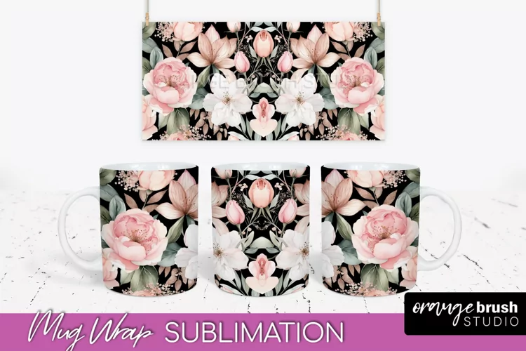 Pink Watercolor Flowers Mug Wrap - Floral Mug Sublimation