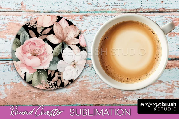 Watercolor Flowers Round Coaster - Floral Pink Sublimation
