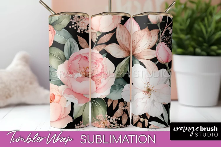 Floral Tumbler Wrap - Pink Flowers Watercolor Tumbler PNG