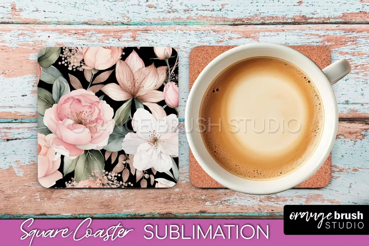 Watercolor Flowers Square Coaster - Floral Pink Sublimation