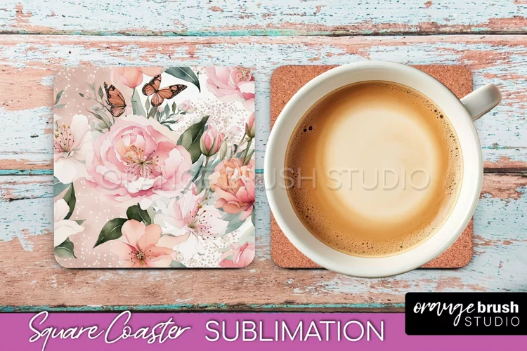 Watercolor Flowers Square Coaster - Floral Pink Sublimation