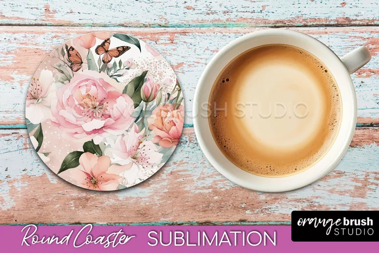 Watercolor Flowers Round Coaster - Floral Pink Sublimation