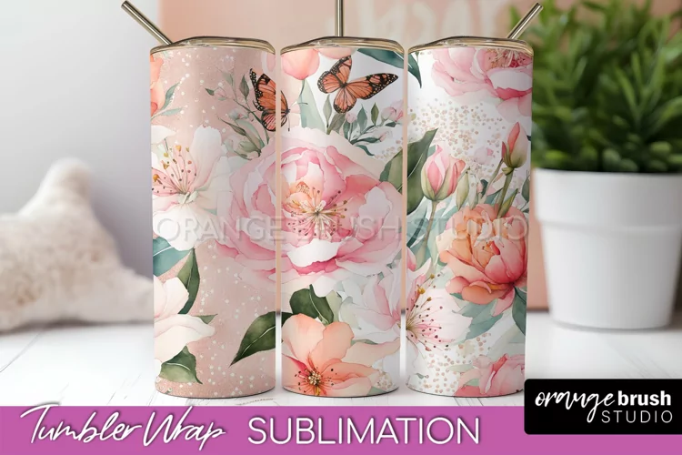 Floral Tumbler Wrap - Pink Flowers Watercolor Tumbler PNG