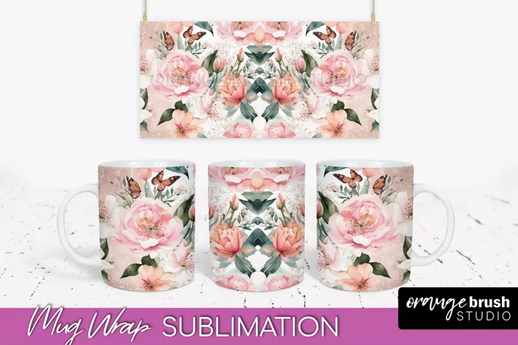 Pink Watercolor Flowers Mug Wrap - Floral Mug Sublimation