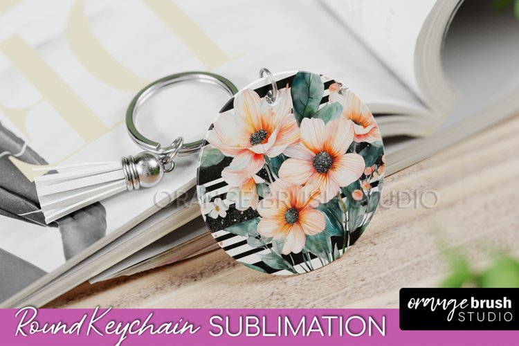 Pink Flowers Keychain, Floral Keychain Sublimation Design