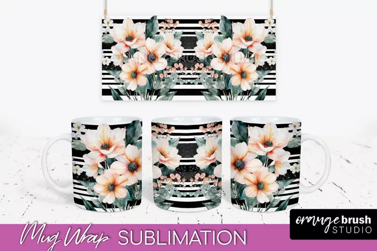Pink Watercolor Flowers Mug Wrap - Floral Mug Sublimation