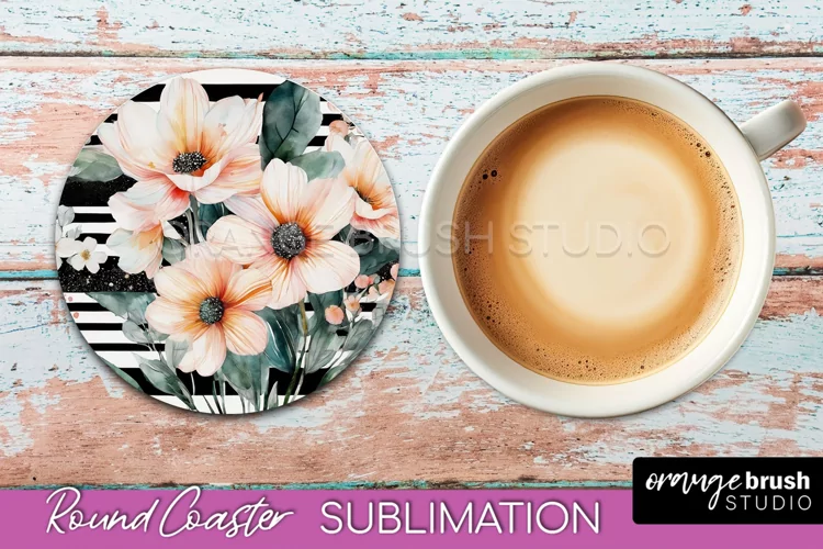 Watercolor Flowers Round Coaster - Floral Pink Sublimation