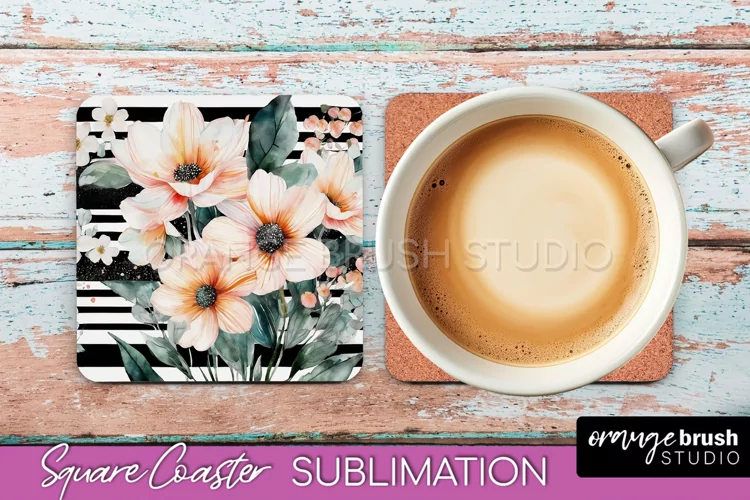 Watercolor Flowers Square Coaster - Floral Pink Sublimation