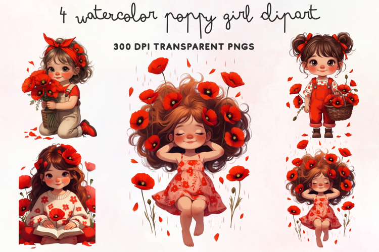 Watercolor Poppy Girl Clipart PNG
