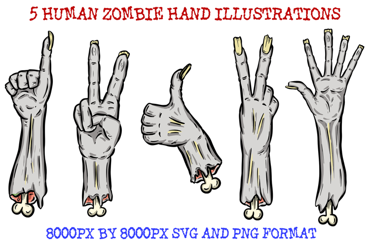 5 Zombie Grey Hand Severed Halloween SVG PNG Illustrations