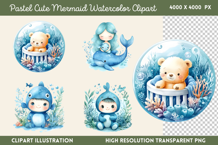 Pastel Cute Mermaid Watercolor Clipart PNG