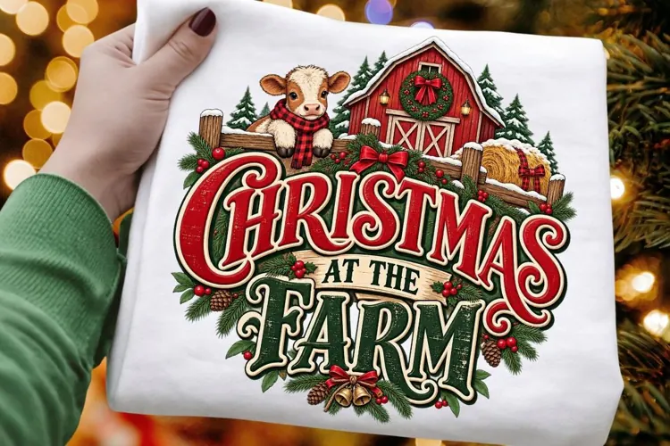 Christmas at the Farm Cute Calf PNG - Farmhouse Red Barn