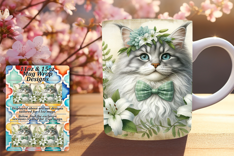 Sublimation 15oz Mug Wrap Png Design , Cute Cat example image 1