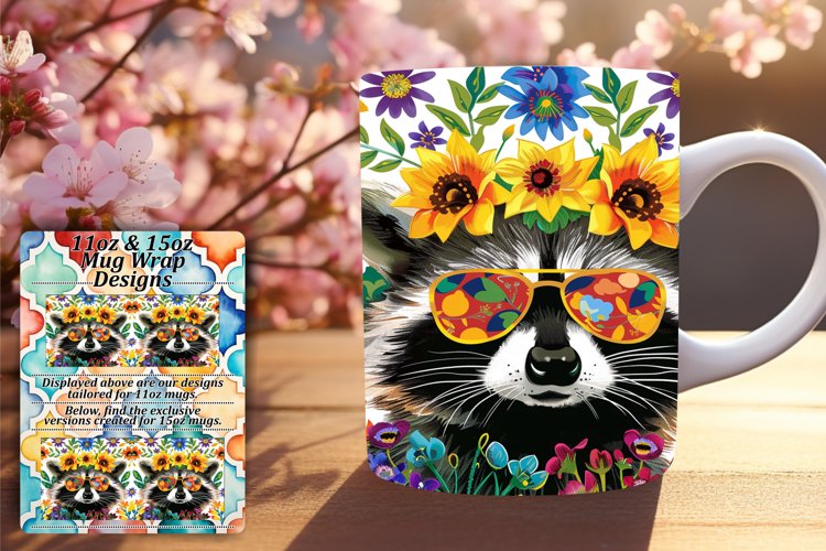 Bright Raccoon with Flowers Mug Wrap Design