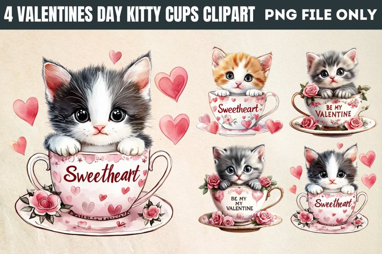 Valentines Day Kitty Cups Clipart PNG