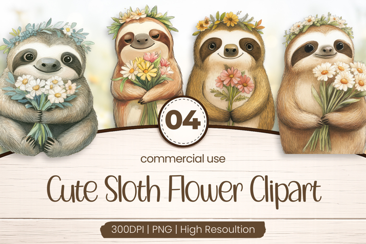 Cute Sloth Flower Clipart PNG