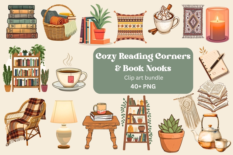 Cozy book nooks and reading corners png bundle