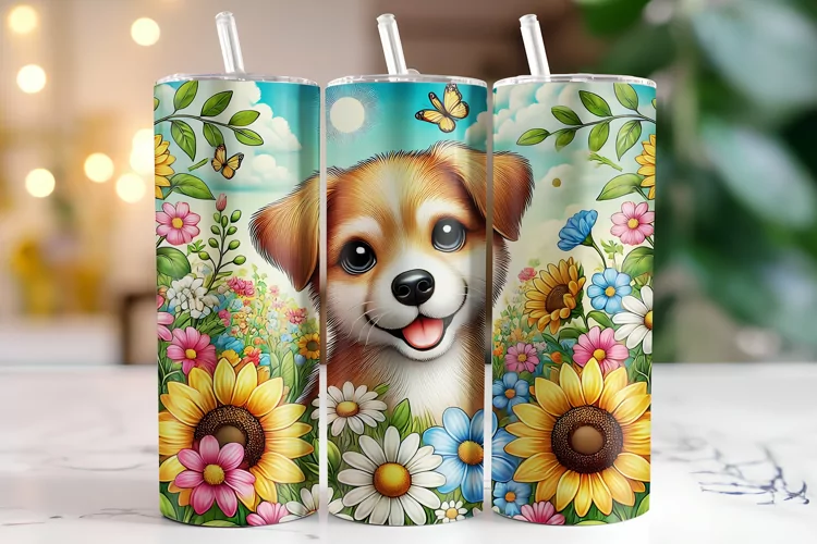 Flowers & Dog Tumbler Wrap | Sublimation | Tumblers