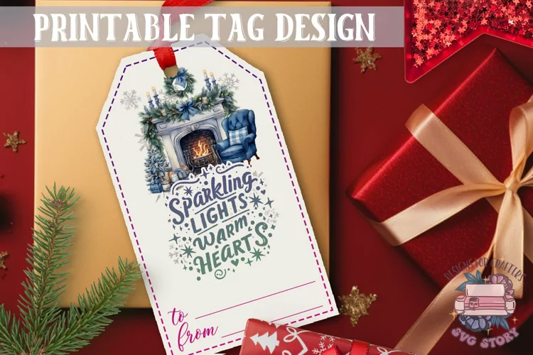 Watercolor Christmas Gift Tag Sparkling lights Ornaments PNG