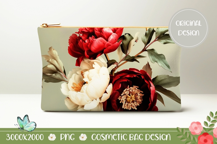 Red Flowers Cosmetic Bag PNG, Floral Cosmetic Bag Template