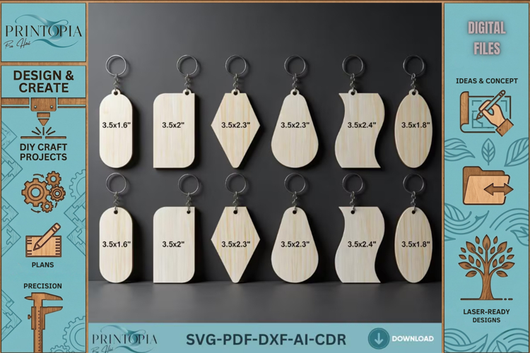 46Pcs Keychain Blank Bundle LaserCut Templates Geometric Sha