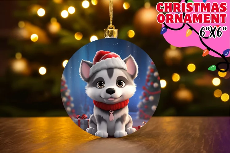 Puppy Claus 3D Round Ornament Santa Hat Sublime