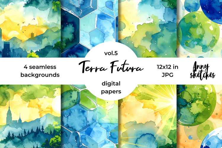 Terra Futura Digital Paper Watercolor Seamless Pattern