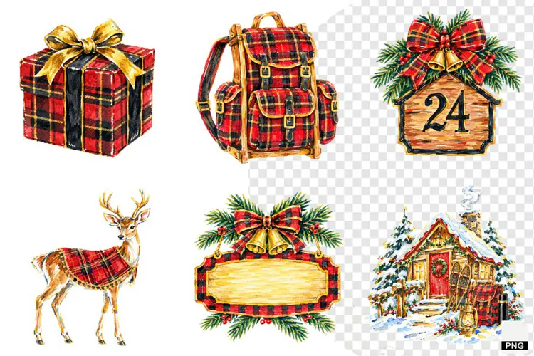 Plaid Cottage Christmas Clipart