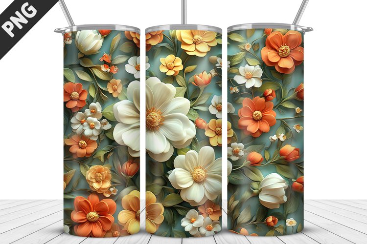 3D Daisy Flowers 20oz Tumbler Wrap | Sublimation Design example image 1