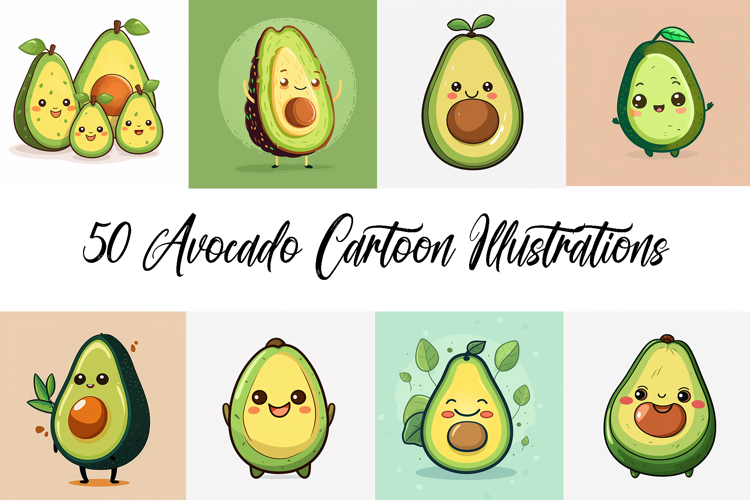 50 Avocado Kawaii Characters Illustration Collection JPG