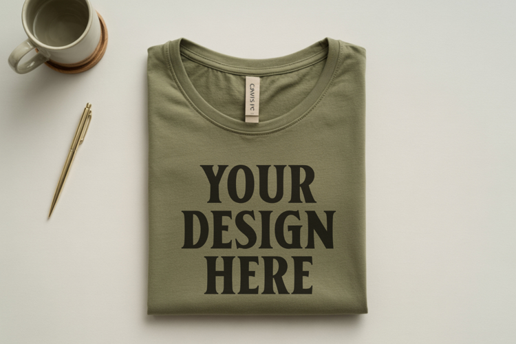 Heather Olive Bella Canvas 3001 Flat Lay T-Shirt Mockup