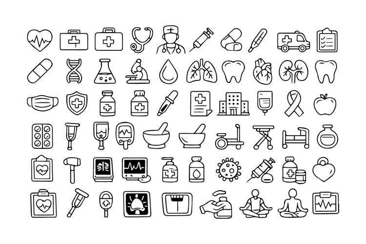 50 Black and White Health Outline Icons Collection Design example image 1