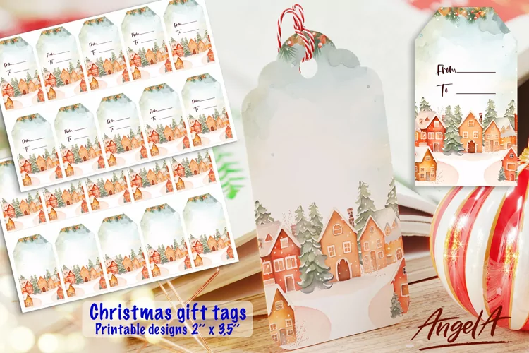 Christmas printable gift tag, winter village house PNG