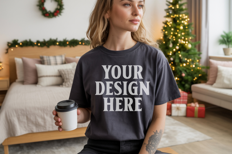 Comfort Colors 1717 Pepper Christmas T-Shirt Mockup, Boho