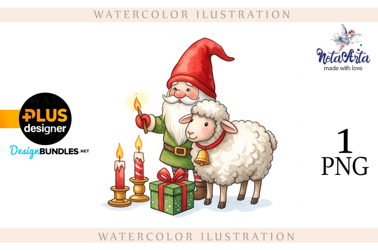 Christmas Gnome Santa with a Sheep in Watercolor Style